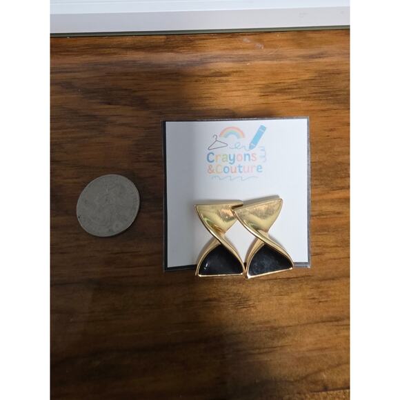 Vintage GoldTone Large Square Earrings Shaped Earrings Geometric HourGlass Black - Picture 2 of 3